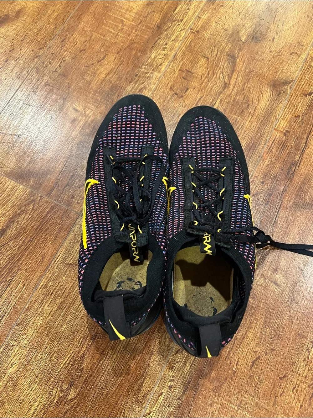 Nike Vapormax Men's Black Knit Sneakers with Pink & Yellow Stitching